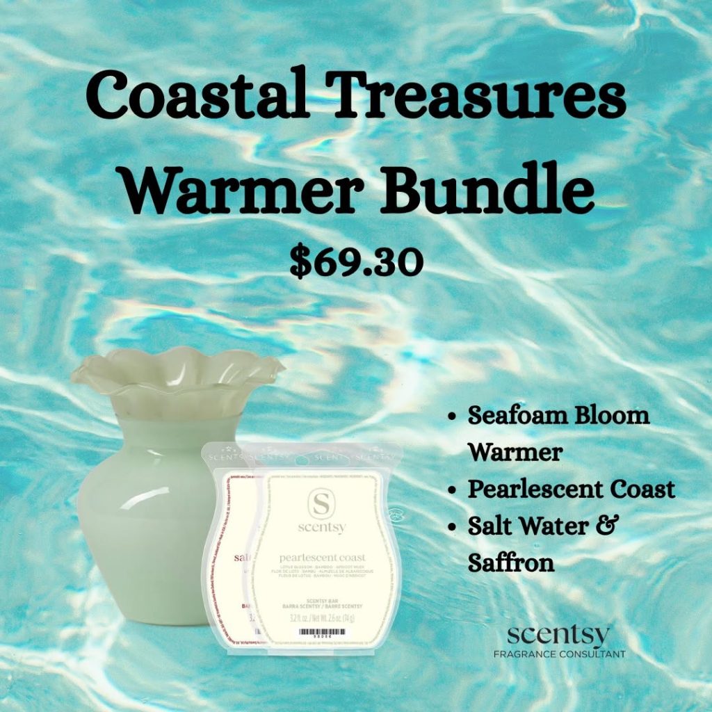 Seafoam Bloom Scentsy warmer paired with Pearlescent Coast and Salt Water & Saffron wax bars in the Coastal Treasures bundle.