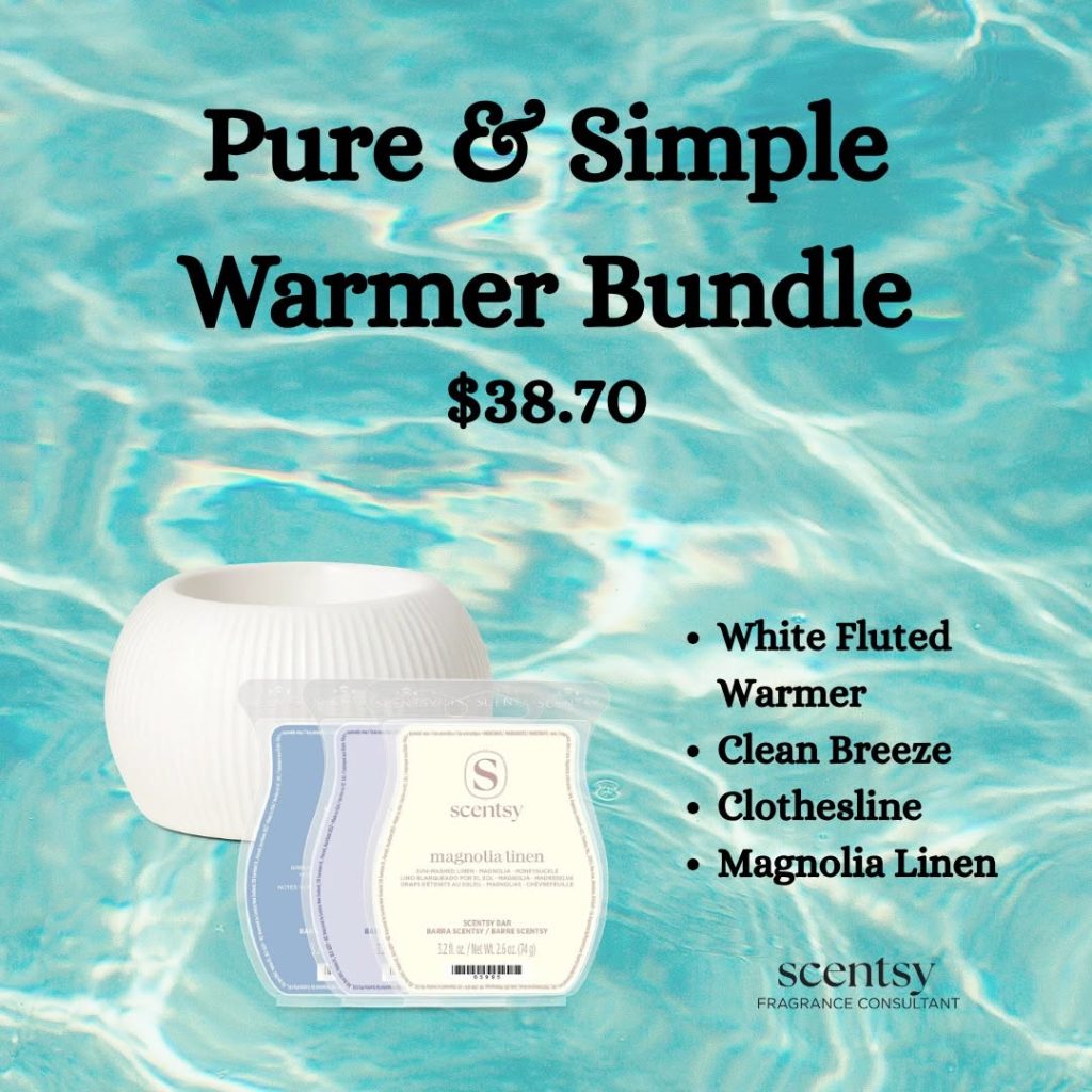 White Fluted Scentsy warmer with Clean Breeze Clothesline and Magnolia Linen wax bars in the Pure & Simple bundle.