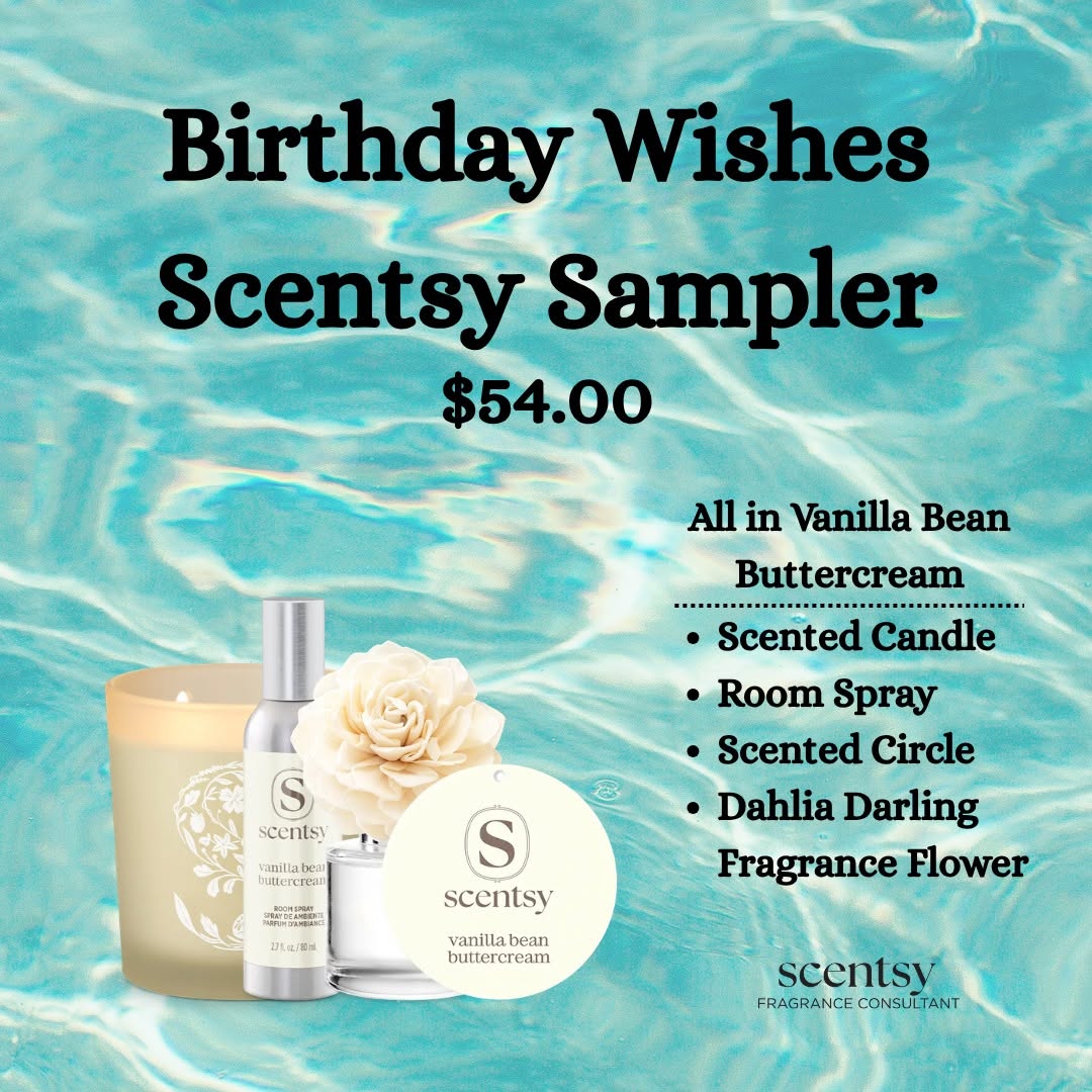 Birthday Wishes Scentsy gift bundle featuring Vanilla Bean Buttercream candle, room spray, fragrance flower and scented circle.