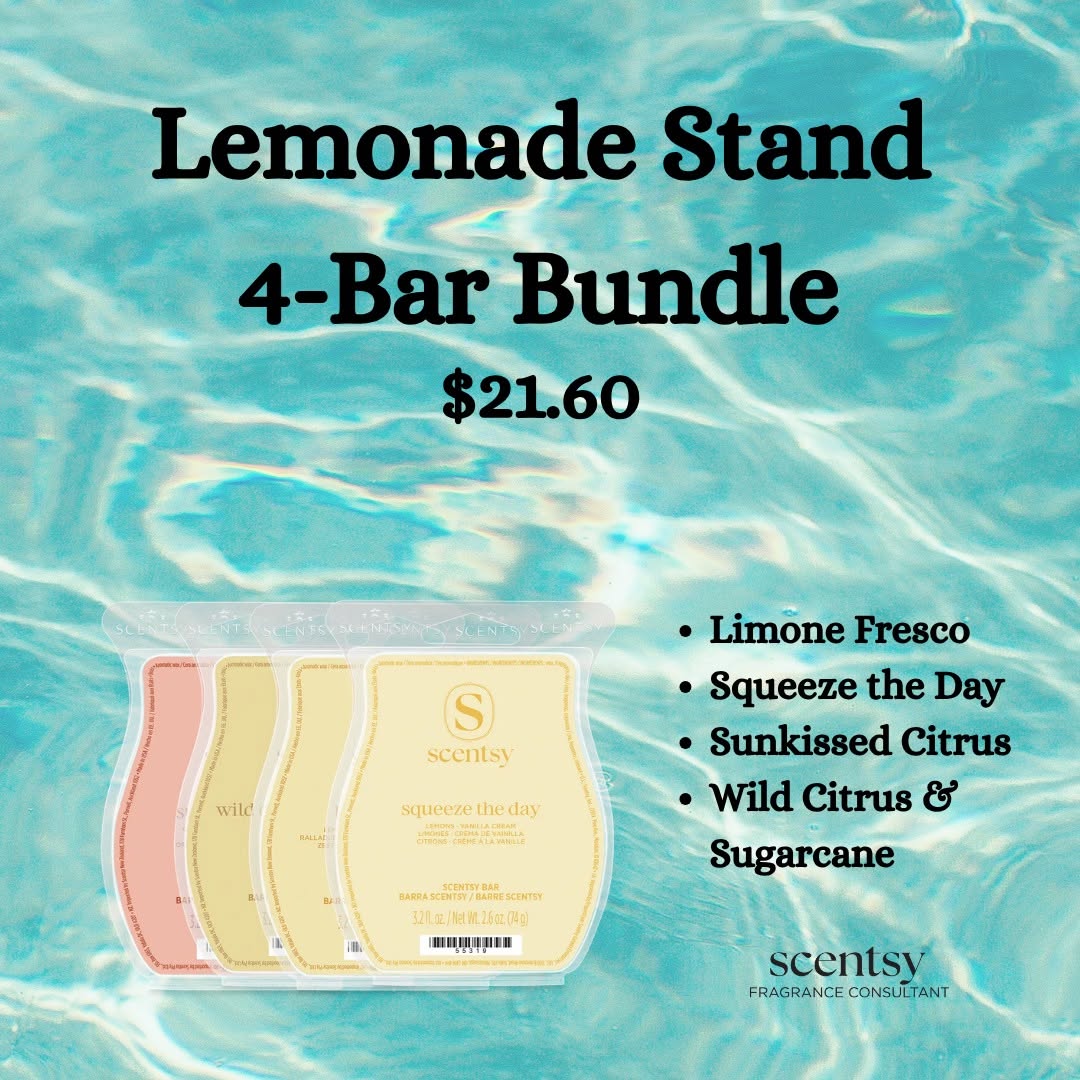Four citrus inspired Scentsy wax bars including Limone Fresco, Squeeze the Day, Sunkissed Citrus and Wild Citrus & Sugarcane.